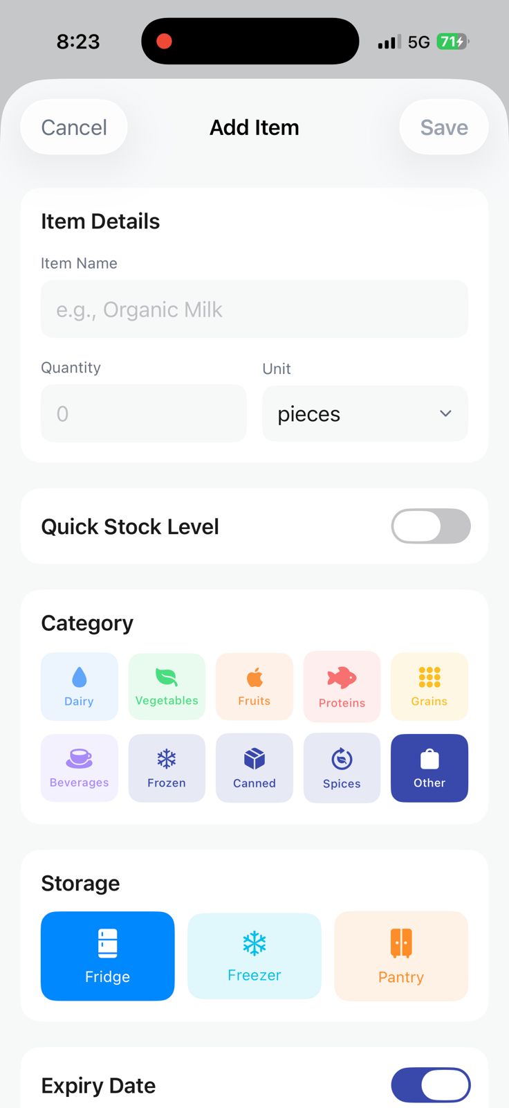 SHEM app inventory screen showing kitchen items grouped by category