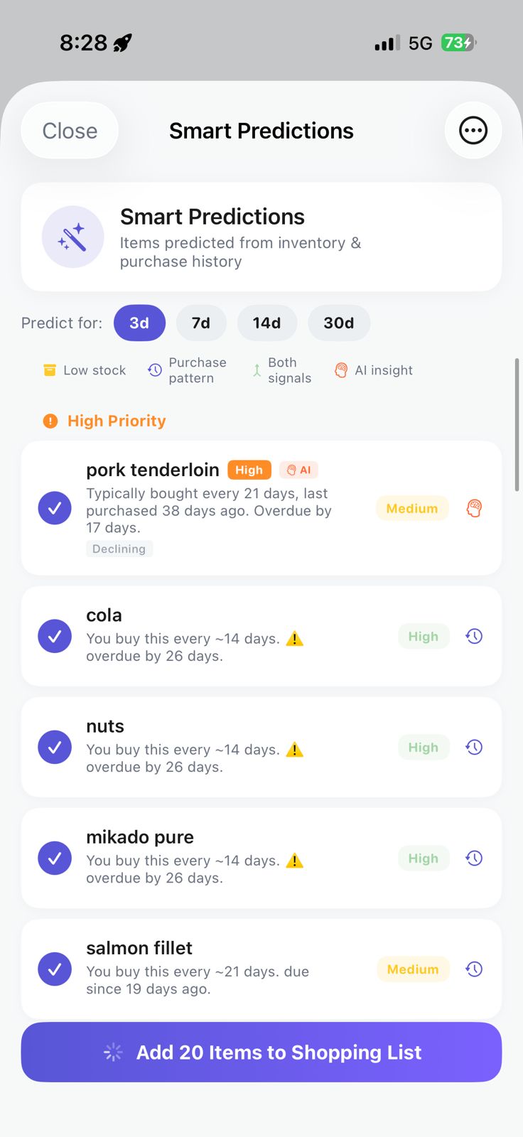 SHEM app prediction screen showing items about to run out